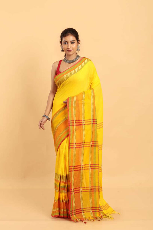 Golden Yellow-Handloom Cotton Saree-011 - indeloom