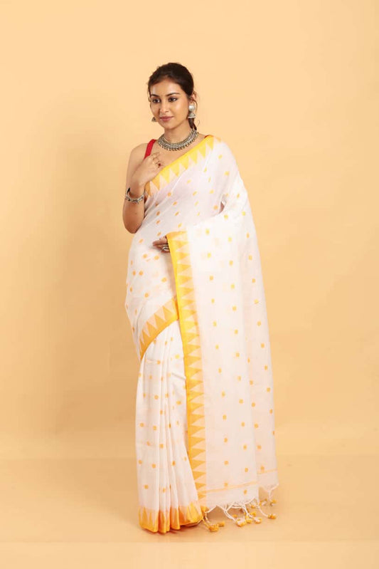 Handloom Cotton Saree With Coconut White - 031