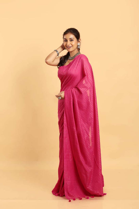 Handloom Cotton Saree With Rose Pink - 015