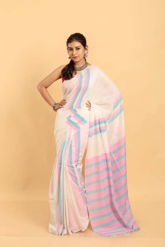 Handloom Cotton Saree With Pearl White - 033
