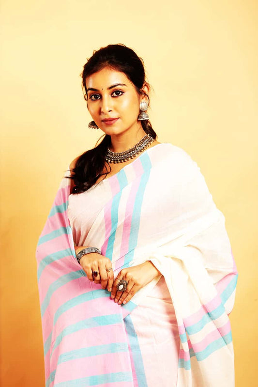 Handloom Cotton Saree With Pearl White - 033