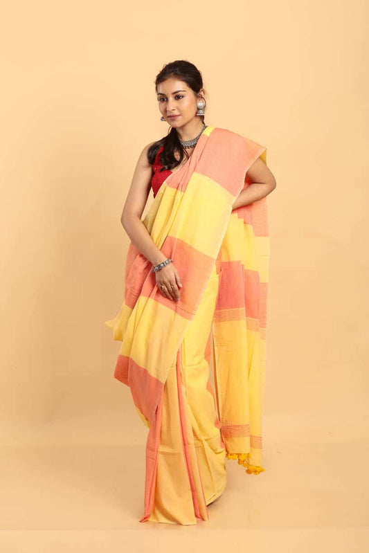Lemon Yellow-Handloom cotton Saree-037 - indeloom