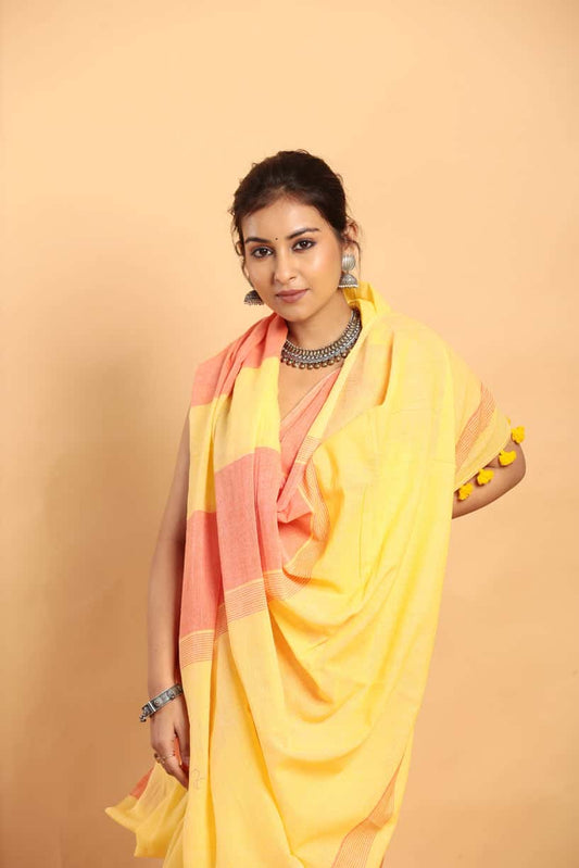 Lemon Yellow-Handloom cotton Saree-037 - indeloom