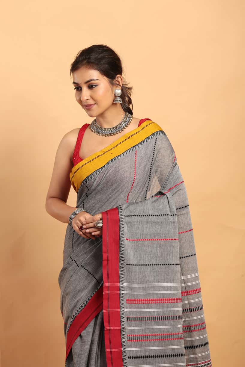 Metal Grey-Handloom Cotton Saree-036