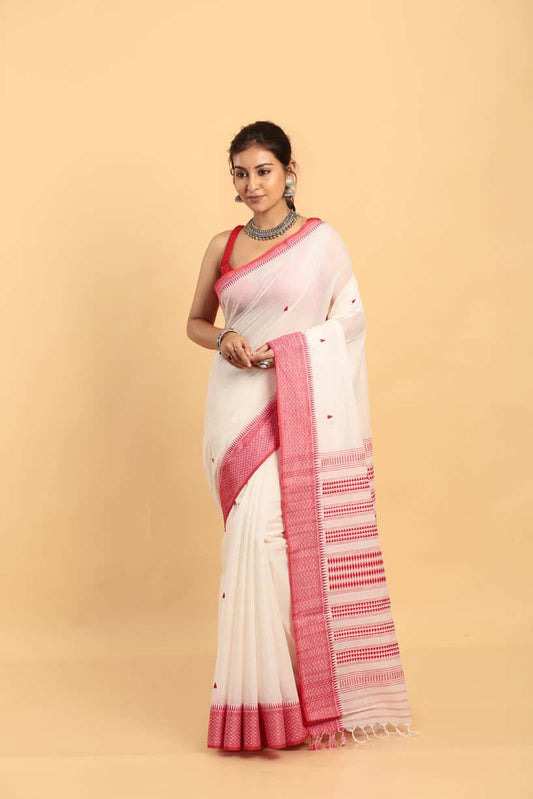 Pearl White and  Red Border- Handloom Cotton Saree(Pre-Order)-037