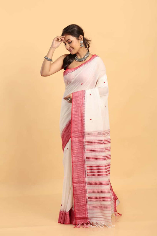 Pearl White and  Red Border- Handloom Cotton Saree(Pre-Order)-037