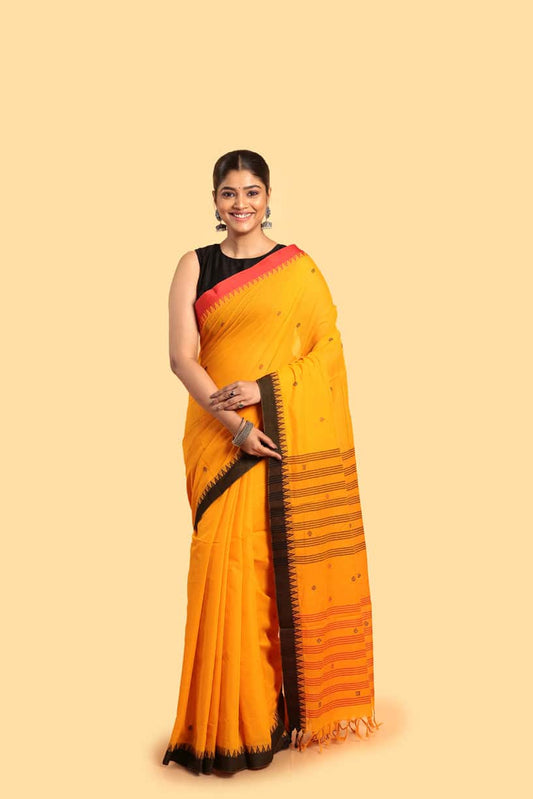 Handloom Cotton Saree With Tangerine Yellow - 044