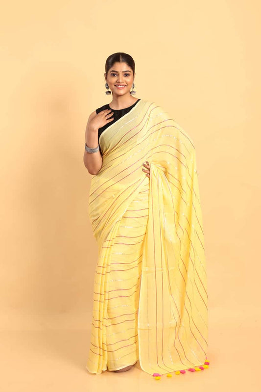 Lemon Yellow-Handloom Cotton Saree-038 - indeloom