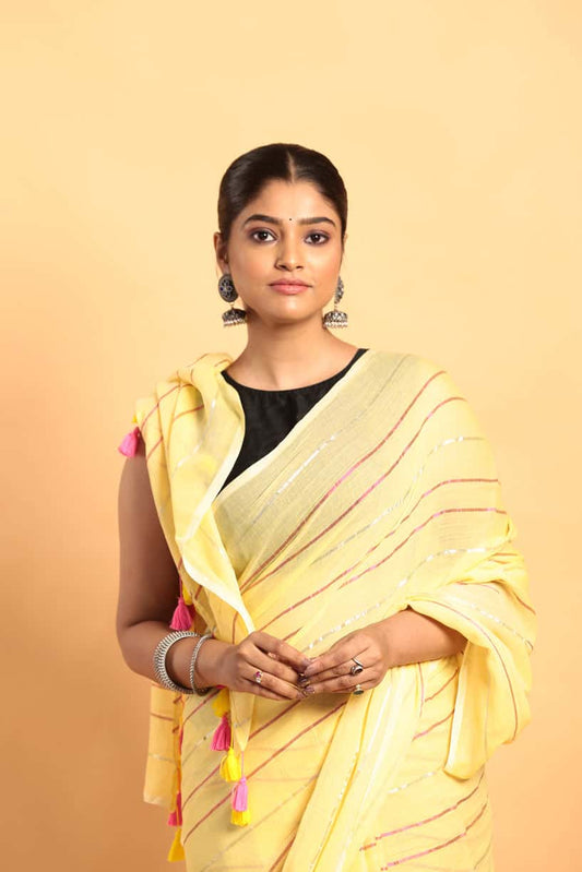 Lemon Yellow-Handloom Cotton Saree-038 - indeloom
