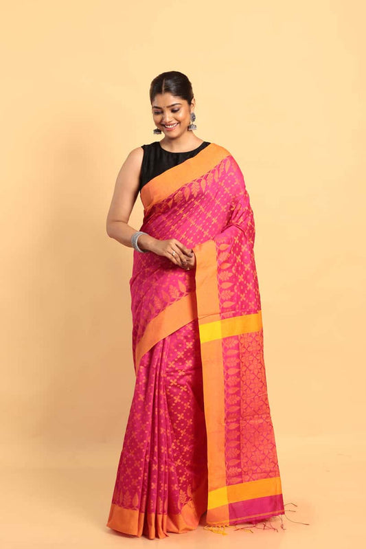 Golden Pink-Handloom Cotton Saree-009 - indeloom