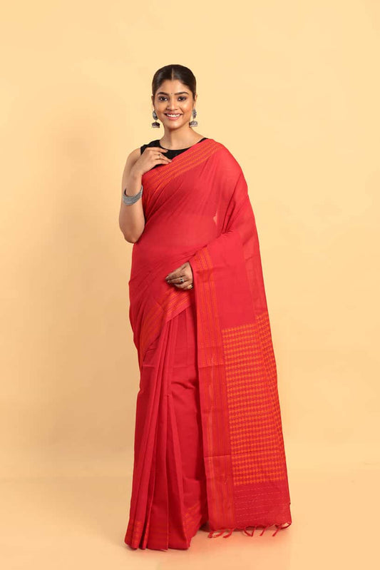 Candy Red-Handloom Cotton Saree-032 - indeloom