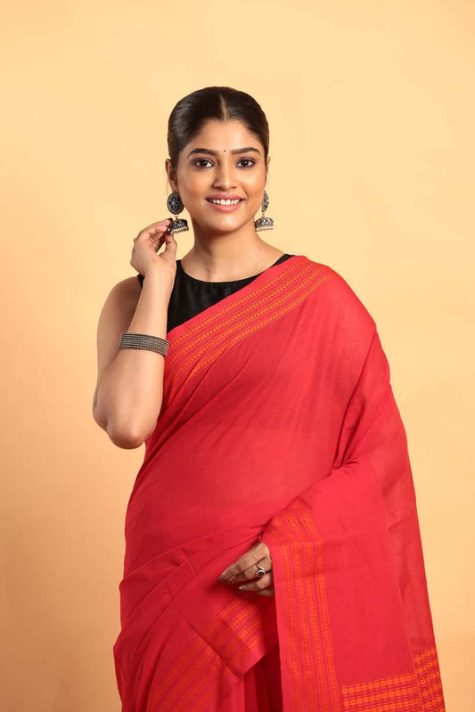 Candy Red-Handloom Cotton Saree-032 - indeloom