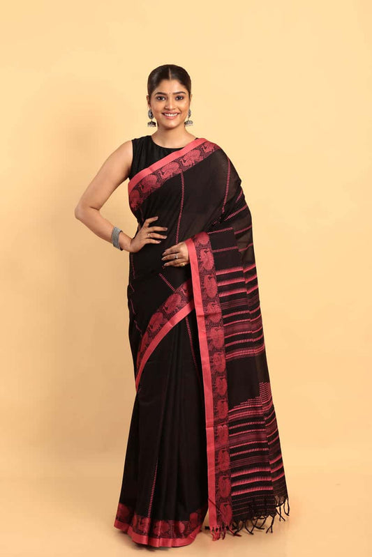 Black-Handloom Cotton Saree-028 - indeloom