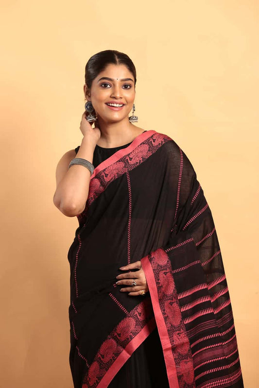 Black-Handloom Cotton Saree-028 - indeloom