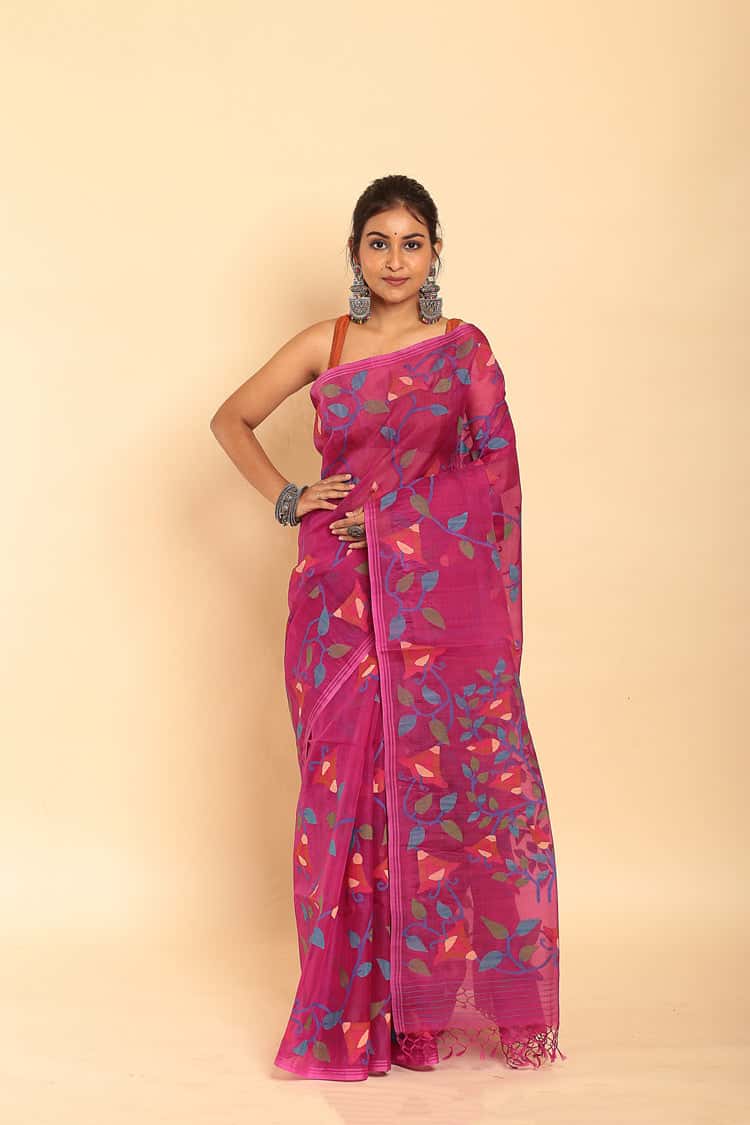 Handwoven Pure Jamdani Muslin Saree | Magenta Pink