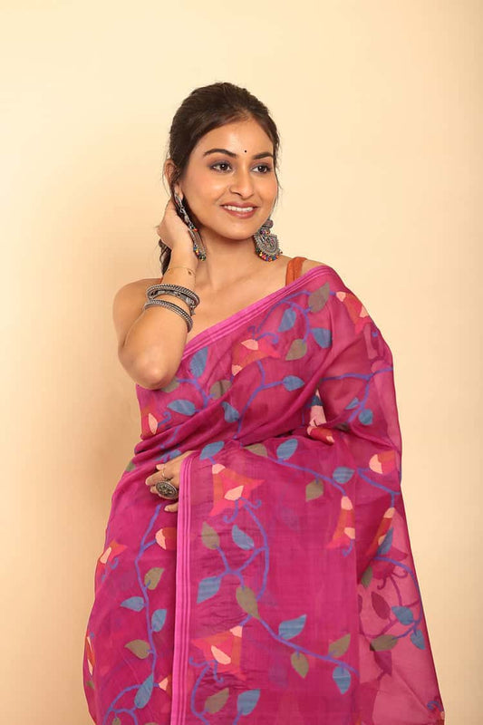 Hand Made Muslin Jamdani Saree With Fuchsia Voilet - 050