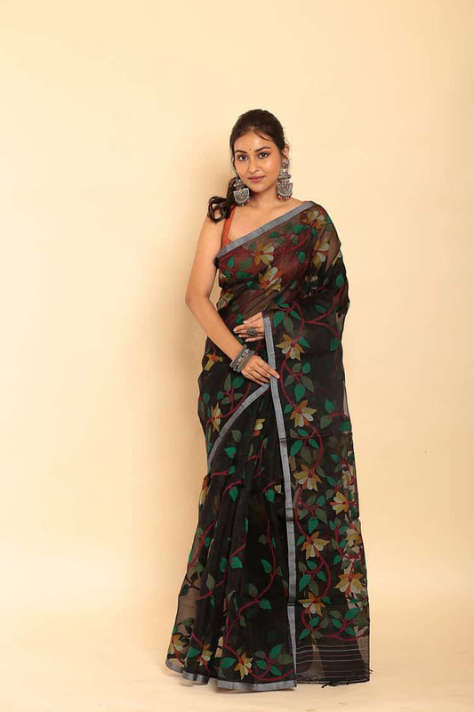 Hand Made Muslin Jamdani Saree in Rich Black - 051