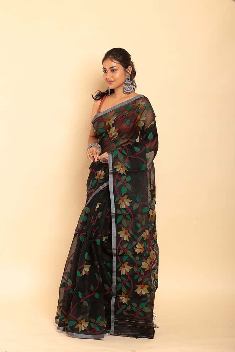 Hand Made Muslin Jamdani Saree in Rich Black - 051