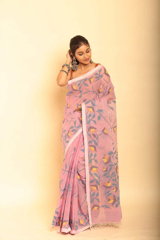 Hand Made Muslin Jamdani Saree With Pale Pink -053
