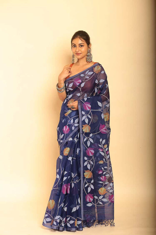 Hand Made Muslin Jamdani Saree With Persian Blue - 054