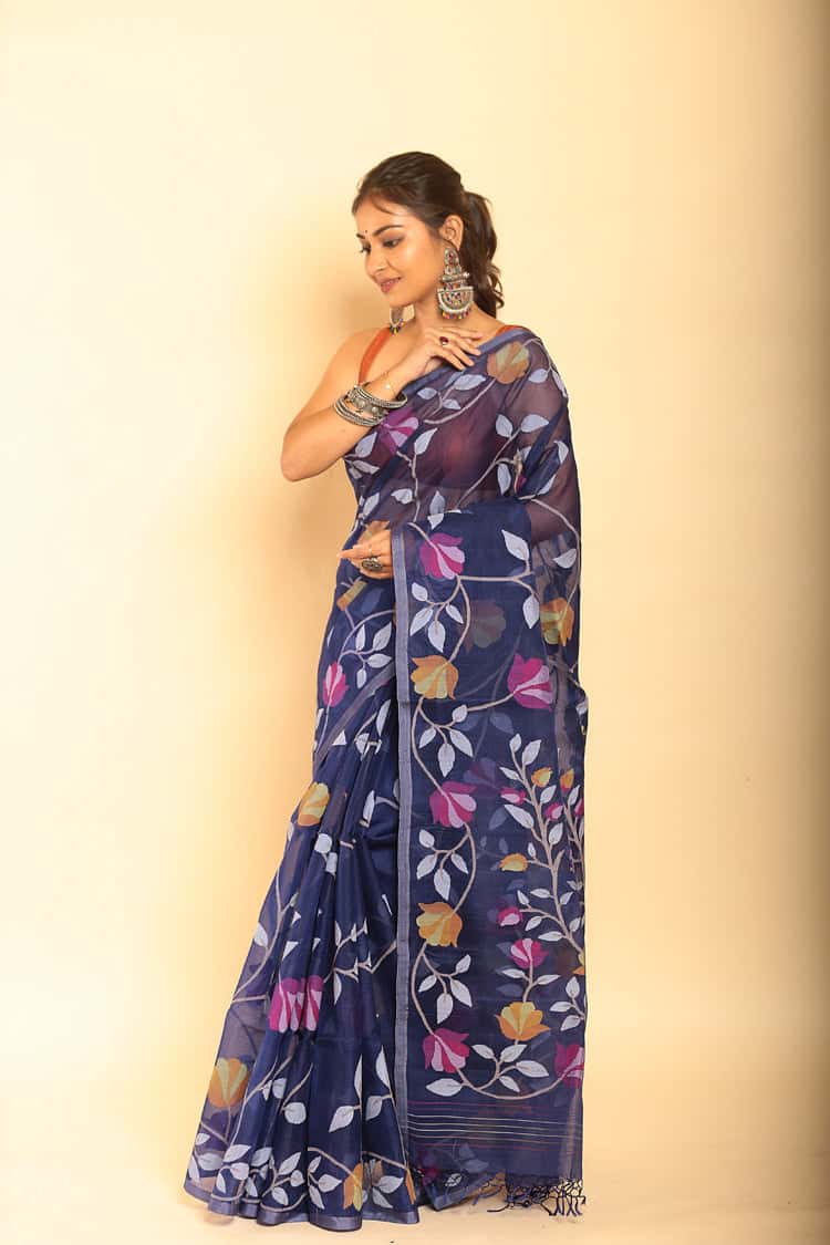 Hand Made Muslin Jamdani Saree With Persian Blue - 054