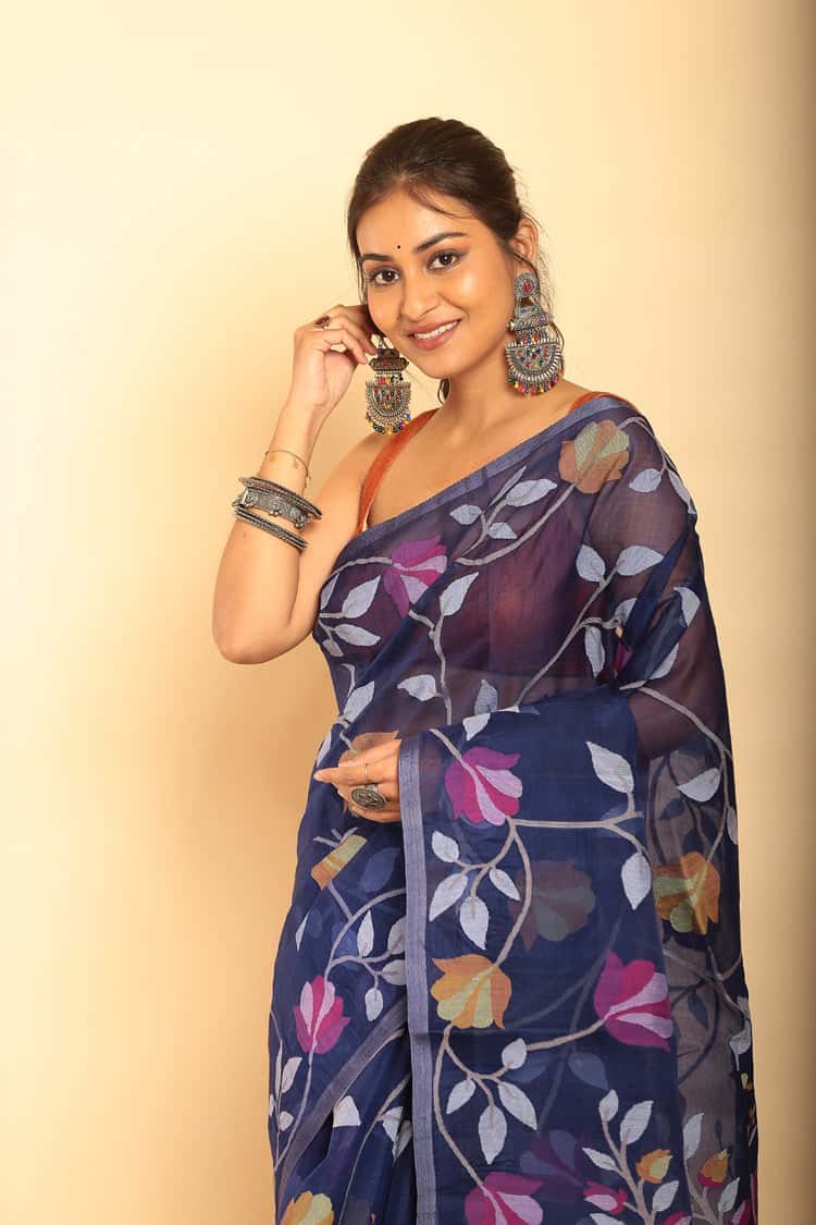 Hand Made Muslin Jamdani Saree With Persian Blue - 054