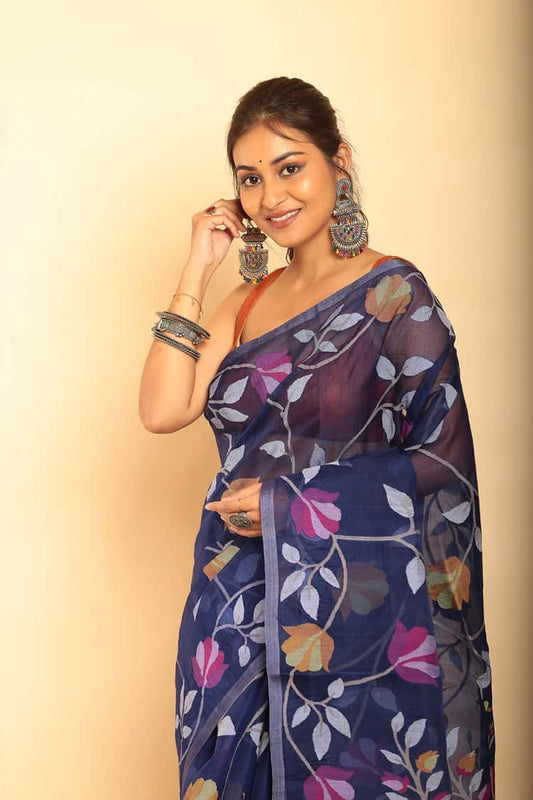 Hand Made Muslin Jamdani Saree With Persian Blue - 054