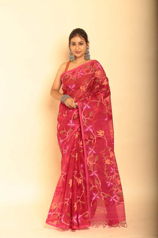 Hand Made Muslin Jamdani Saree With Apple Red - 055