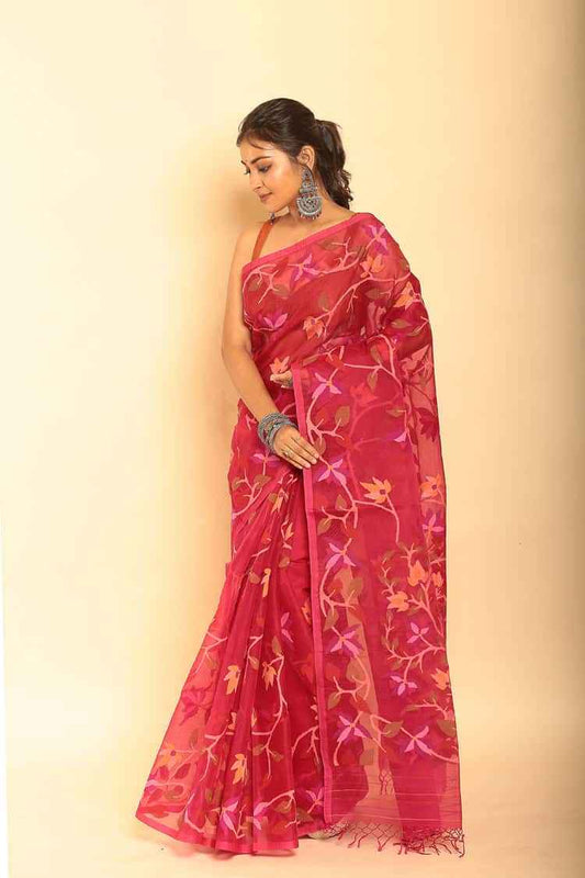 Handwoven Pure Jamdani Muslin Saree | Classic Red