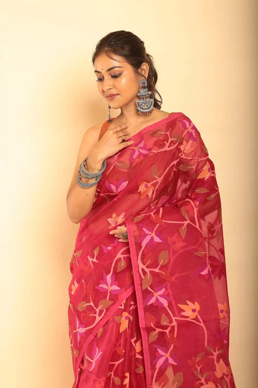 Hand Made Muslin Jamdani Saree With Apple Red - 055