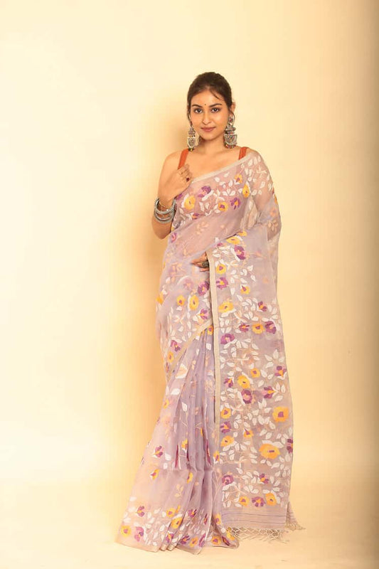Hand Made Muslin Jamdani Saree With Thistle Color - 056