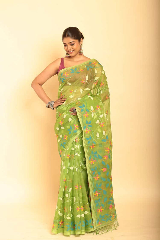 Hand Made Muslin Jamdani Saree in Lemon Green -057