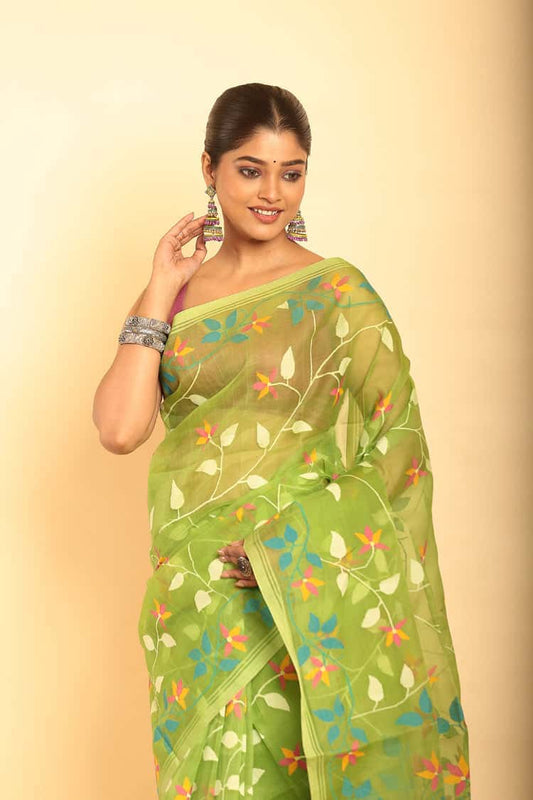 Hand Made Muslin Jamdani Saree in Lemon Green -057