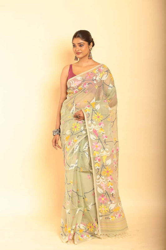 Hand Made Muslin Jamdani Saree in Pale Yellow - 058