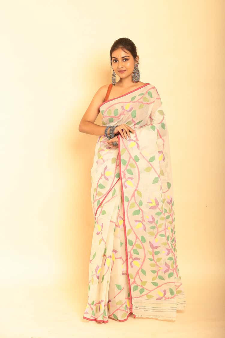 Handwoven Pure Jamdani Muslin Saree | Cream Beige