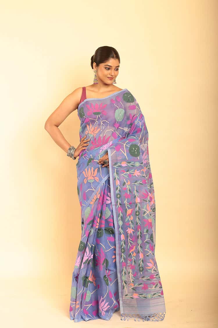 Hand Made Muslin Jamdani Saree With Sky Blue - 061