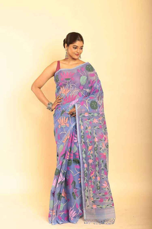 Handwoven Pure Jamdani Muslin Saree | Steel Blue