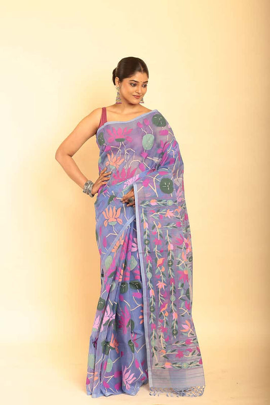 Hand Made Muslin Jamdani Saree With Sky Blue - 061