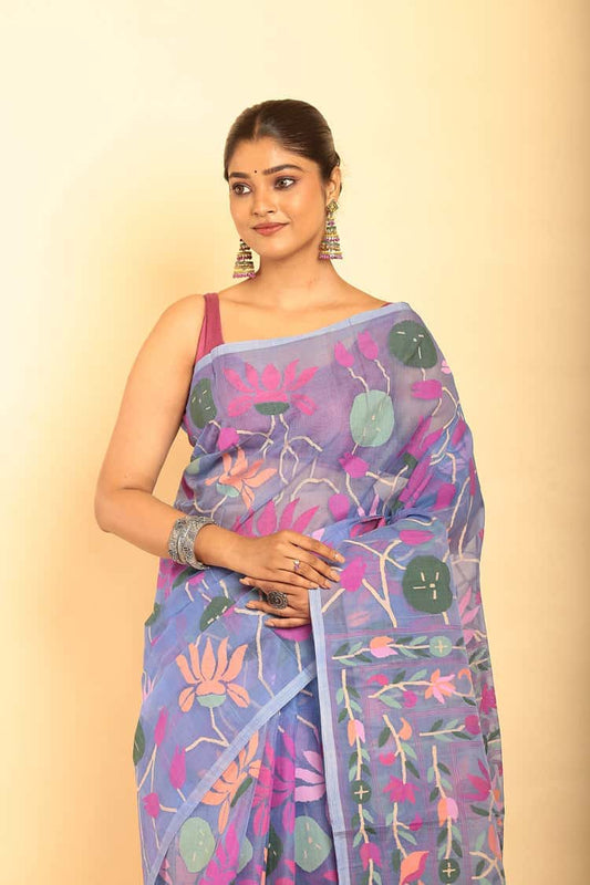 Hand Made Muslin Jamdani Saree With Sky Blue - 061