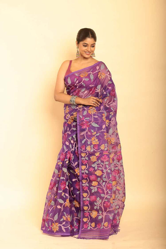 Hand Made Muslin Jamdani Saree With Plum Purple - 062