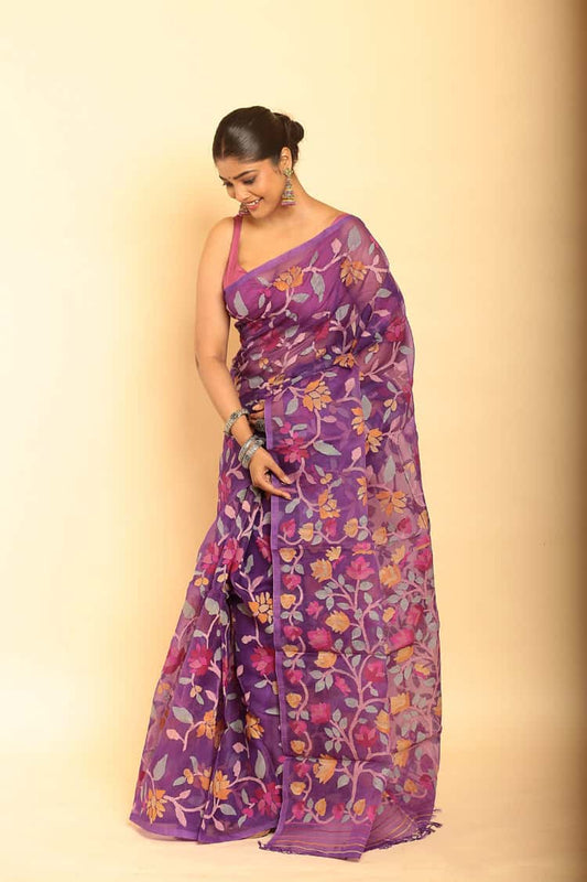 Handwoven Pure Jamdani Muslin Saree | Grape Purple