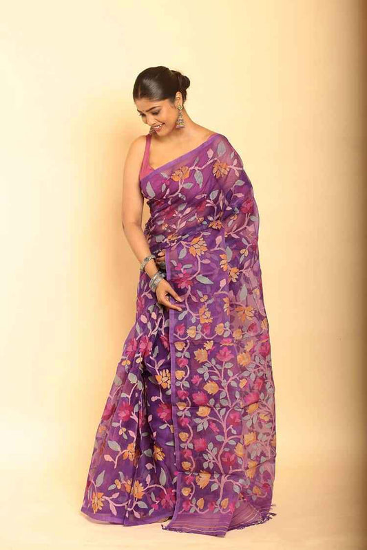 Handwoven Pure Jamdani Muslin Saree | Grape Purple