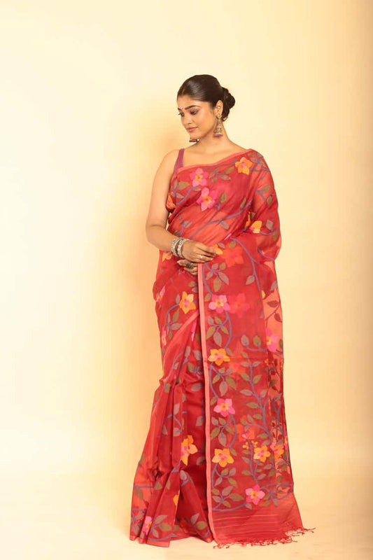 Hand Made Muslin Jamdani Saree With Rose Red -063