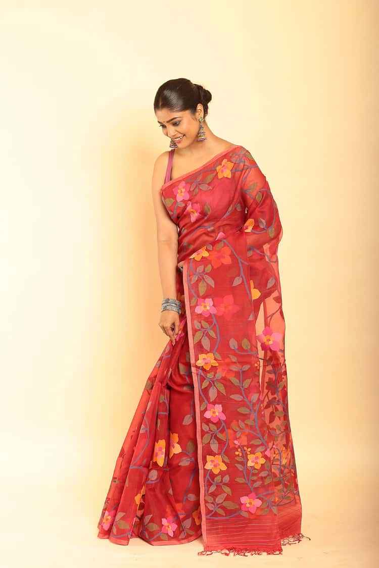 Handwoven Pure Jamdani Muslin Saree | Brick Red
