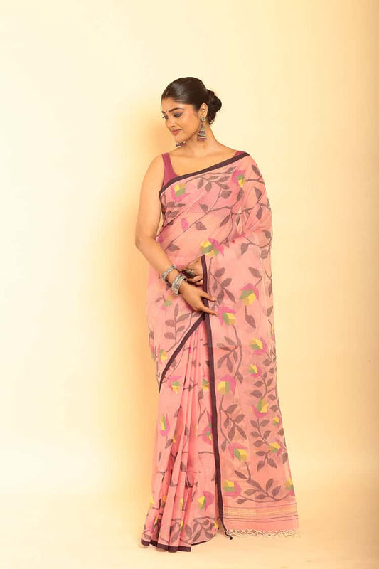 Hand Made Muslin Jamdani Saree With Baby Pink - 065
