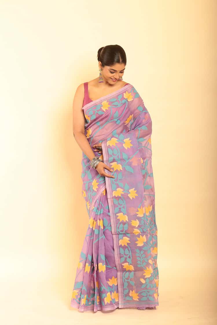 Muslin Jamdani Saree in Aratic Blue-066