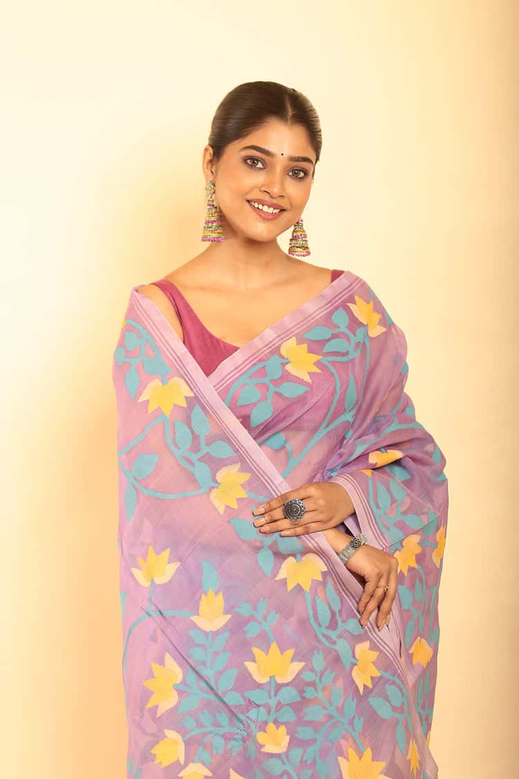 Muslin Jamdani Saree in Aratic Blue-066