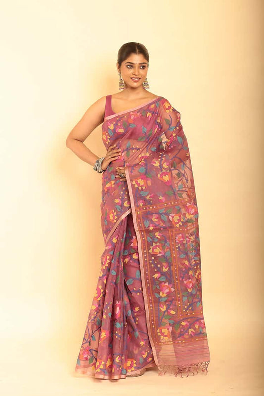 Hand Made Muslin Jamdani Saree With Rose Pink - 068