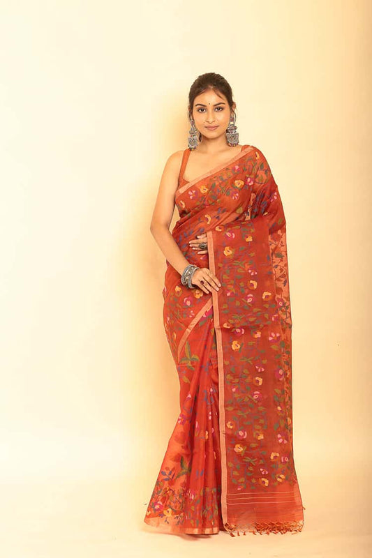 Hand Made Muslin Jamdani Saree With Candy Red - 069
