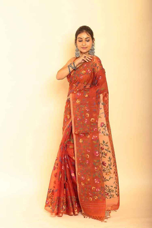 Handwoven Pure Jamdani Muslin Saree | Brick Red